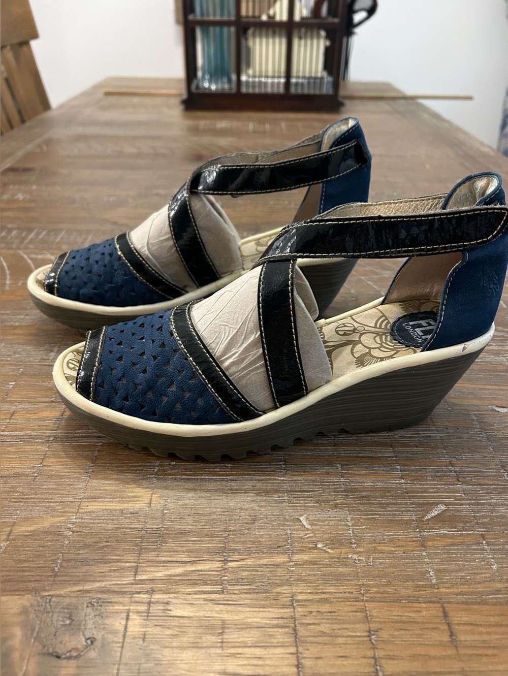 Fly London blue suede wedge sandals 40